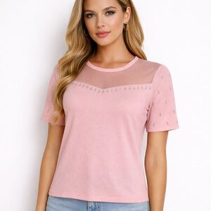 Madison Pink Sheer Mesh Panel Rhinestone Top Short Sleeve Size M
